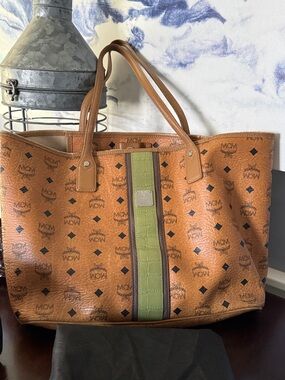 Authentic MCM Cognac Visetos Tote with Olive Center Stripe gorgeous leather bag.